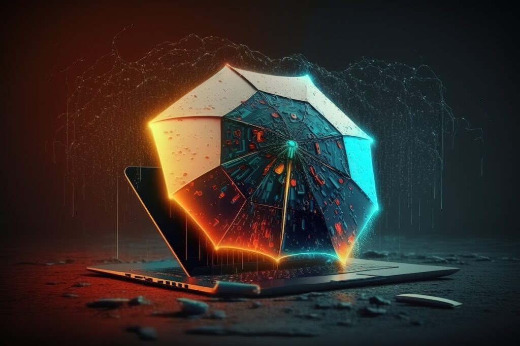 Futuristic cyber insurance, cyber security concept with glowing low polygonal umbrella and laptop.