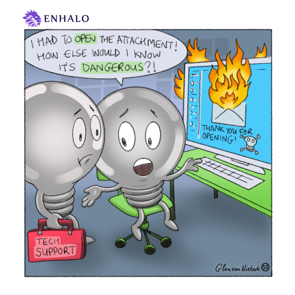 Enhalo Comic focussing on the risks of email attachments.