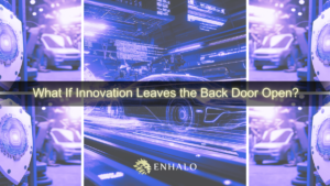 Smart factory with digital twin car simulation and cybersecurity shield imagery, asking 'What If Innovation Leaves the Back Door Open?'