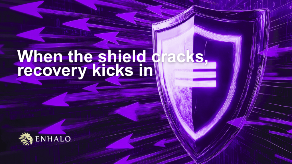 Digital shield under cyberattack with arrows hitting surface, symbolising failed defences and the need for recovery
