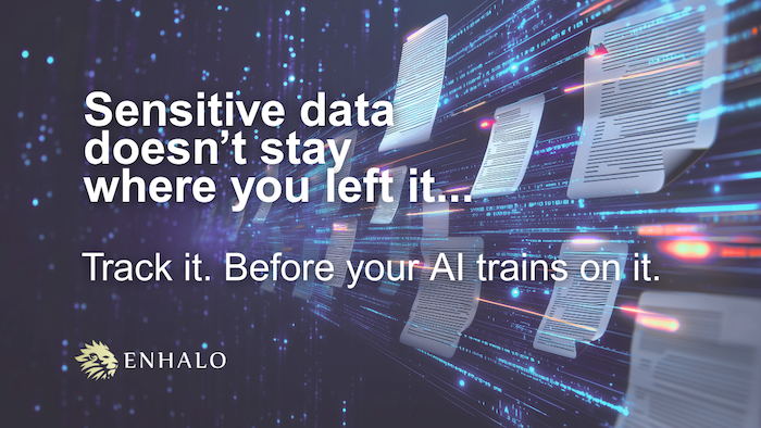 Visual showing digital documents flowing through cloud infrastructure with text overlay: "Sensitive data doesn’t stay where you left it... Track it. Before your AI trains on it.