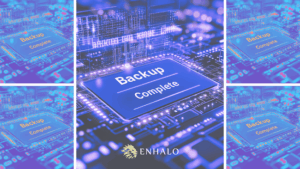 Digital display showing ‘Backup Complete’ on a circuit board, representing false confidence in recovery readiness.