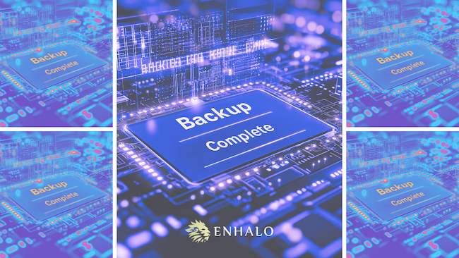 Digital display showing ‘Backup Complete’ on a circuit board, representing false confidence in recovery readiness.