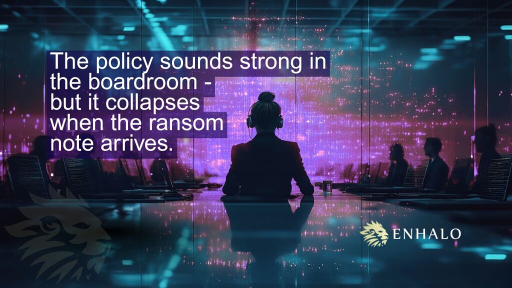 Silhouetted business leader in a boardroom facing digital data wall, symbolising ransomware crisis and board-level cyber decisions