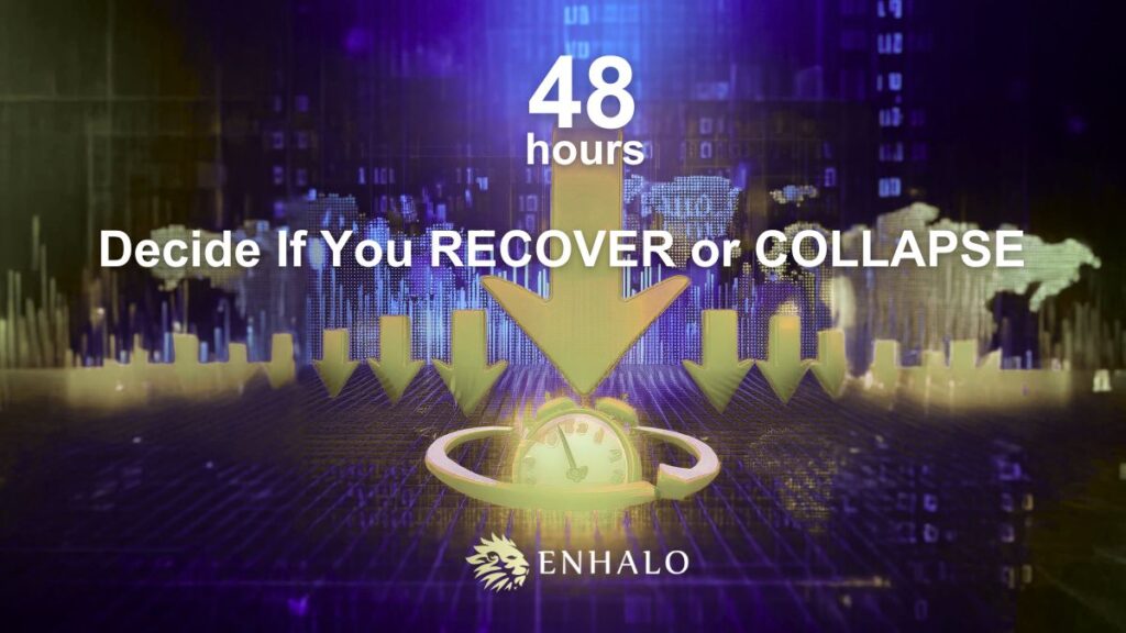 Emergency cyber response concept showing clock and arrows with text 48 hours decide if you recover or collapse