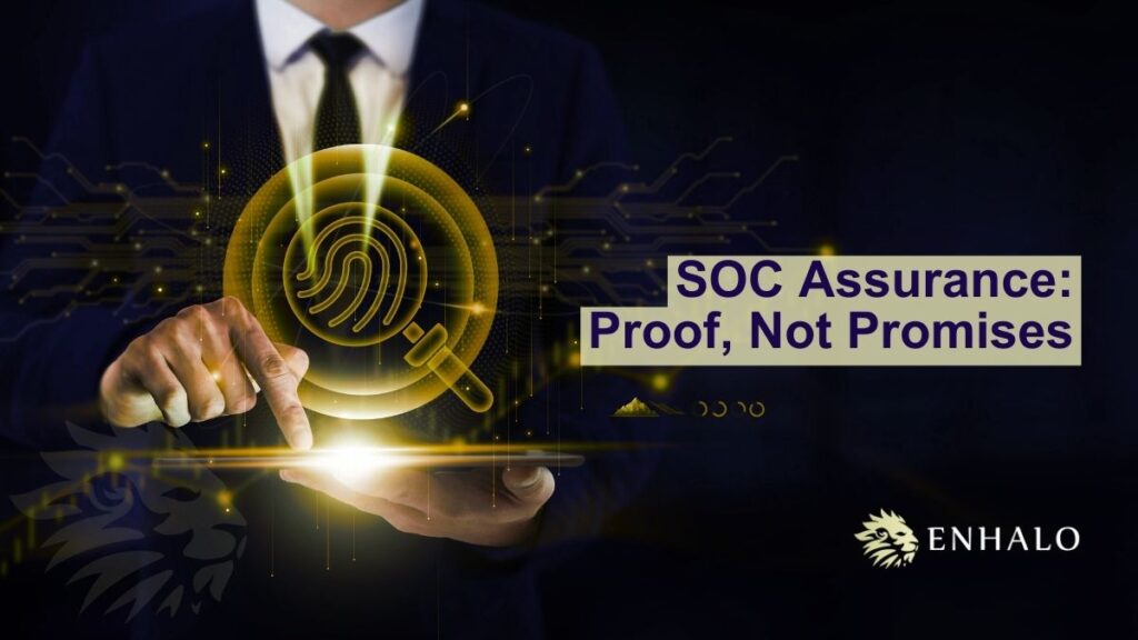 SOC assurance concept with fingerprint magnifier and digital lock, overlay text reading "Proof, Not Promises" – ENHALO cybersecurity