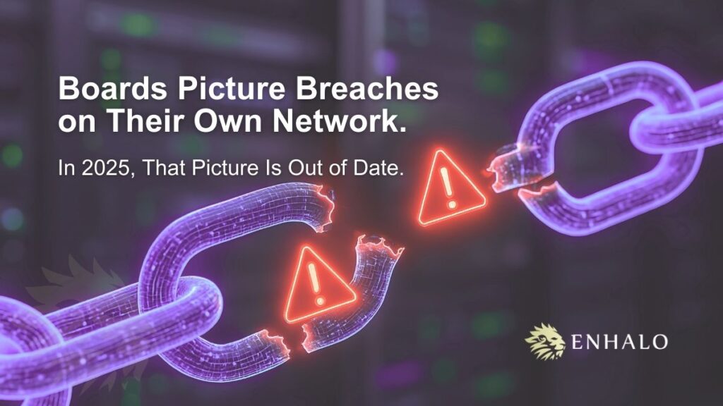 Digital chain link breaking with warning signs, symbolising UK supply chain cyber security risks and resilience challenges.