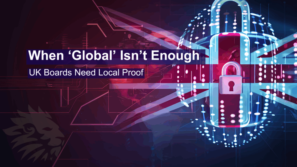 Digital padlock overlaid on the UK flag with global network lines, symbolising cybersecurity. Text reads: “When ‘Global’ Isn’t Enough — UK Boards Need Local Proof.” ENHALO branding included.