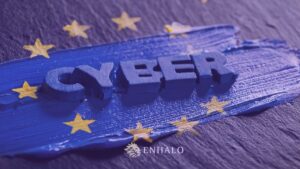 EU flag with CYBER text symbolising European cybersecurity resilience and collaboration.